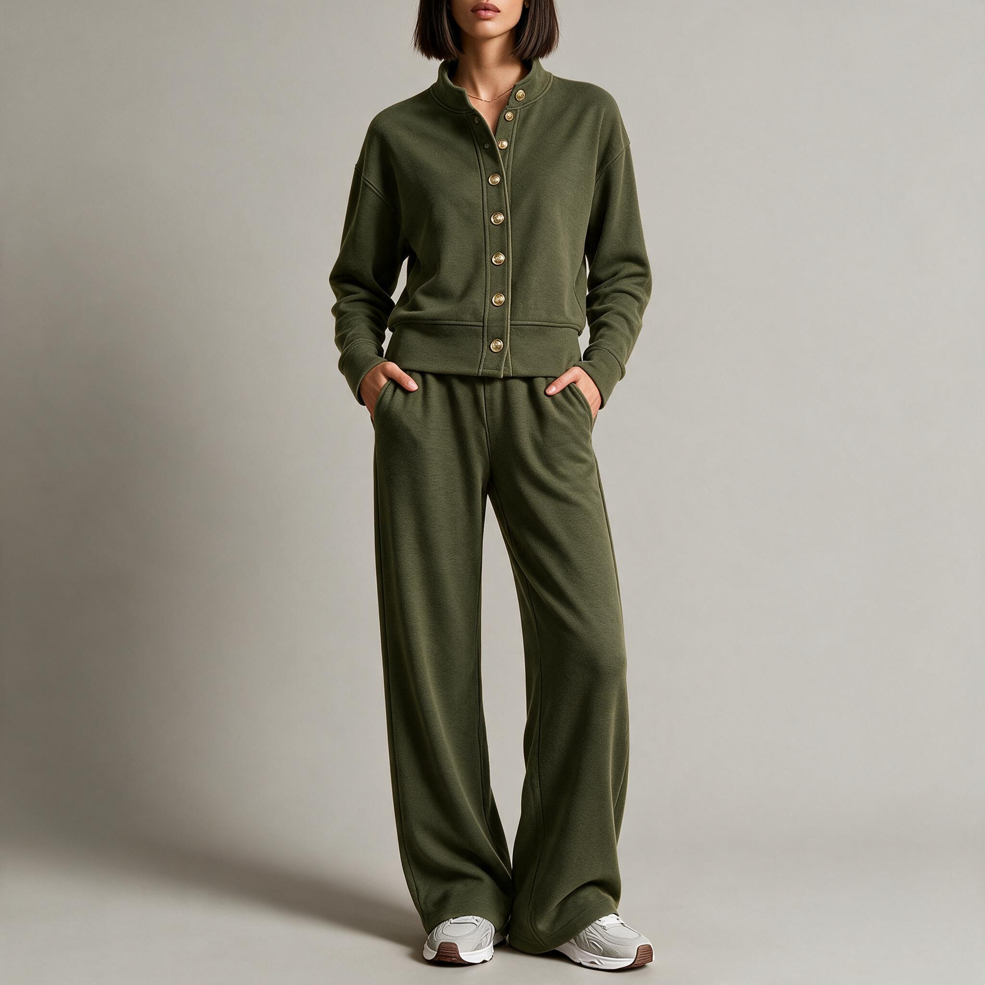 Women's Solid Stand-Collar Cardigan Hoodie & Wide-Leg Pants Set