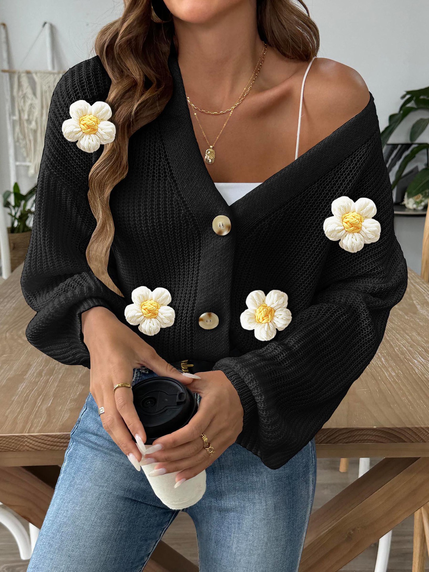 Women's Crochet Floral Spliced Button Cardigan Sweater