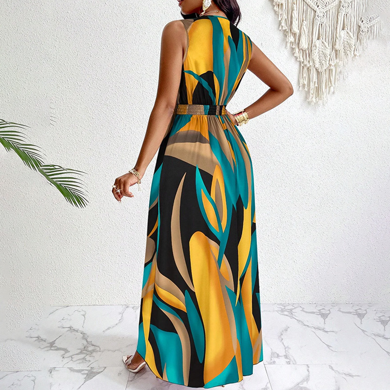 Elegant Floral Print Sleeveless V-Neck A-Line Midi Dress