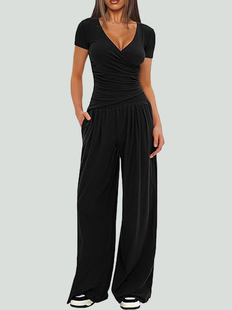 Women's Wide-Leg Pants Set Long Sleeve Solid Color Two-Piece Outfit