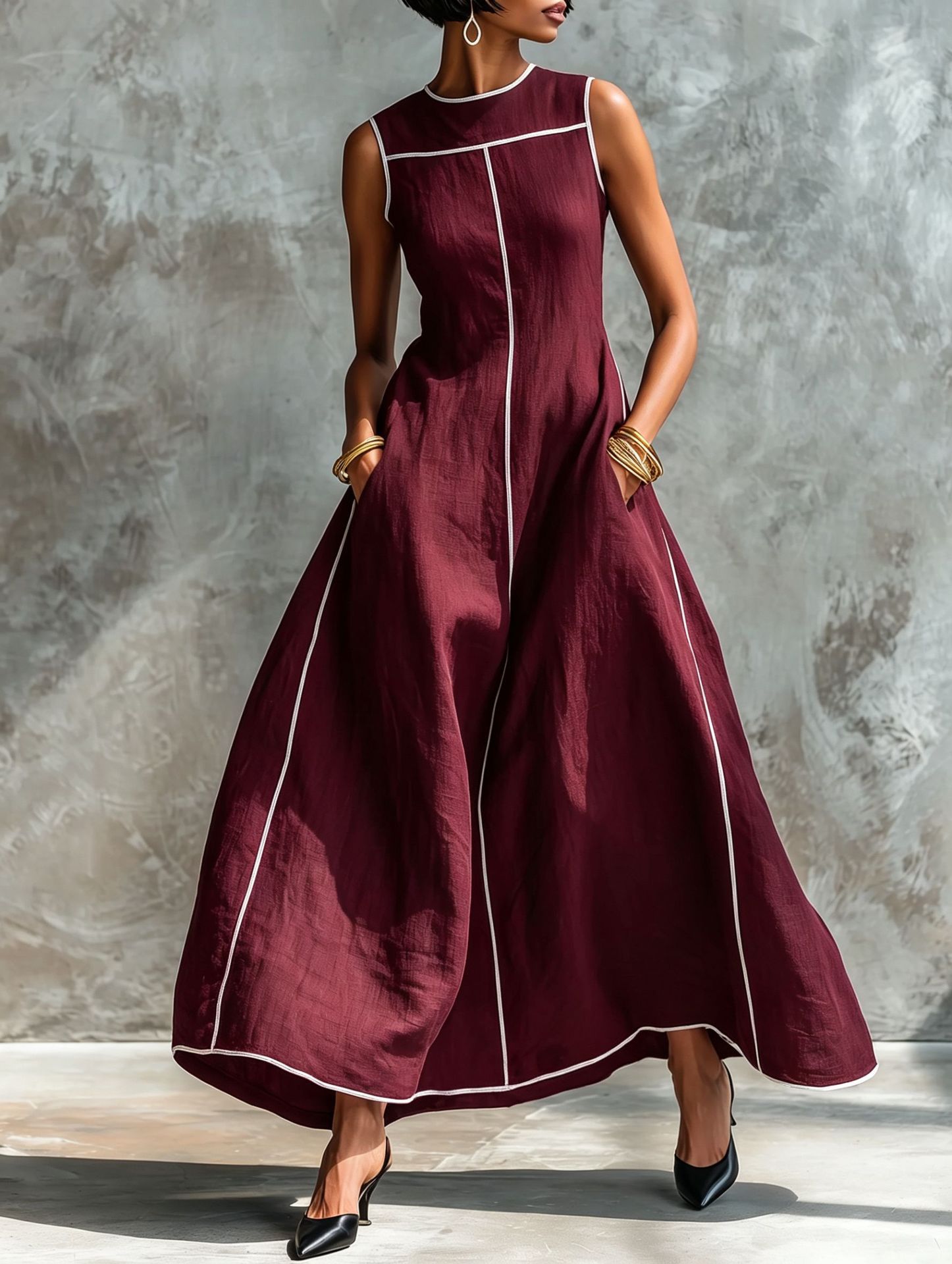 Women's Linen-Blend Sleeveless A-Line Dress with Contrast Trim