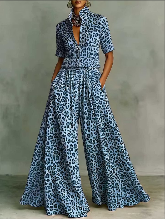 Women's Leopard Print Matching Set: Short Sleeve Loose Shirt & High Waist Wide Leg Pants