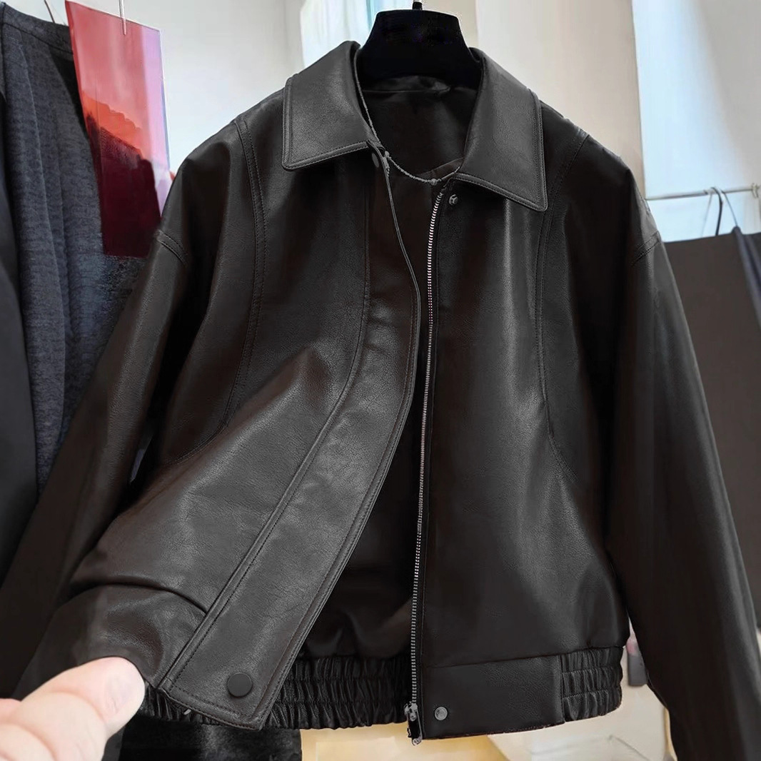 Women's Faux Leather Jacket with Lapel Collar, Relaxed Cropped Fit