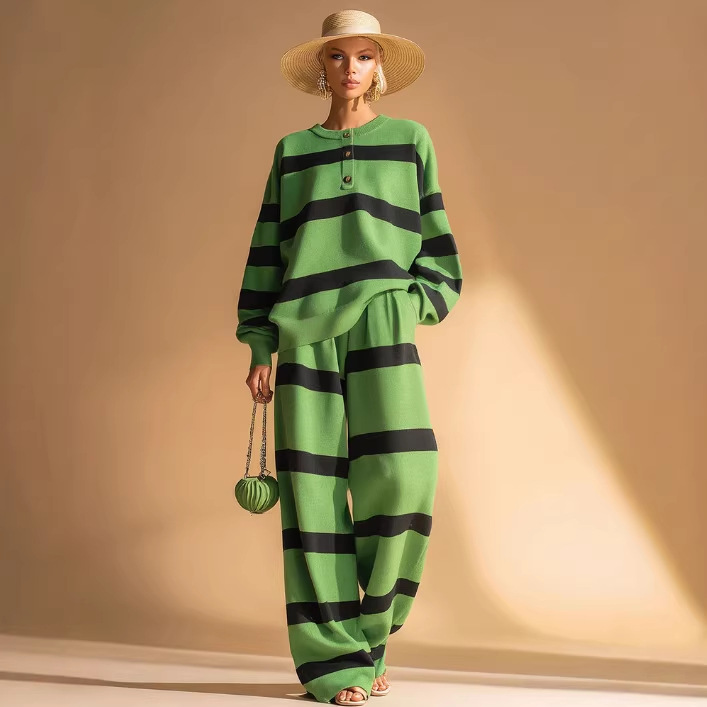 Green & Black Striped Casual Sweatshirt and Pants Set