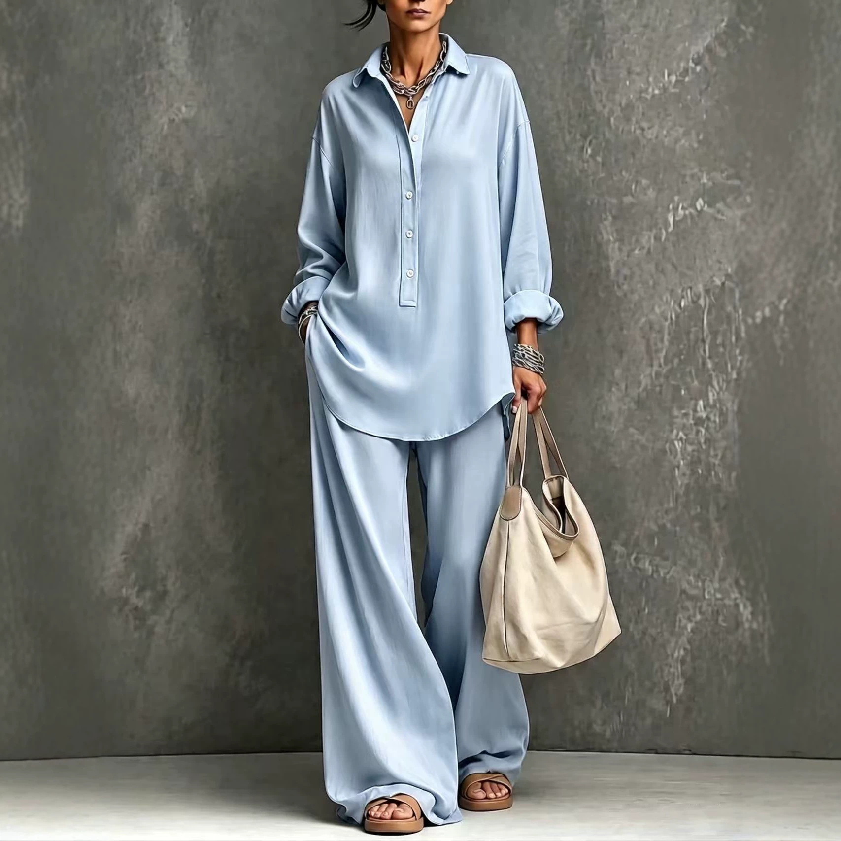 Women's Solid Color Collared Button Long Sleeve Shirt & Wide Leg Pants Set