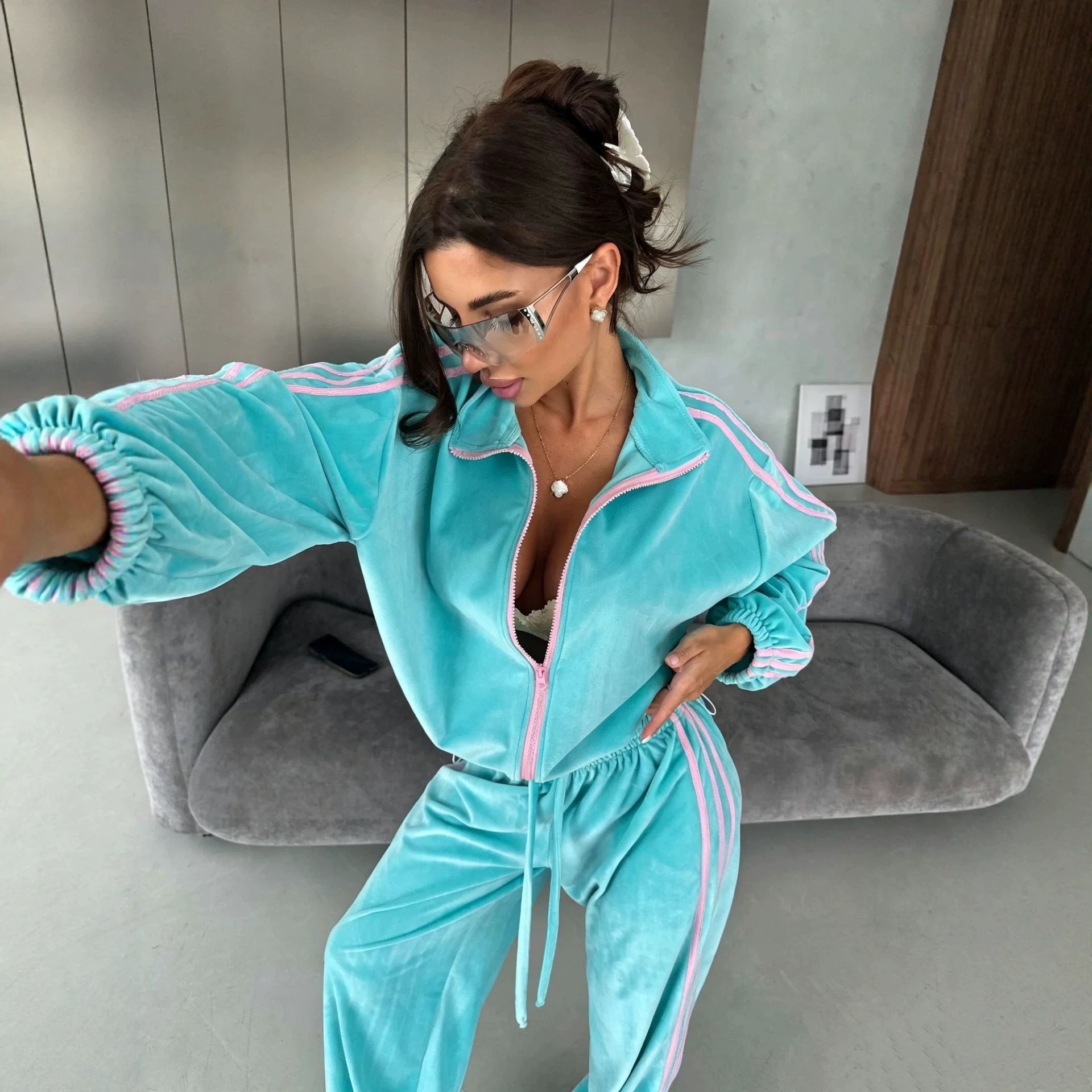 Velvet Colorblock Three-Stripe Track Suit Women's Stand Collar Zip Jacket High-Waist Drawstring Wide-Leg Pants