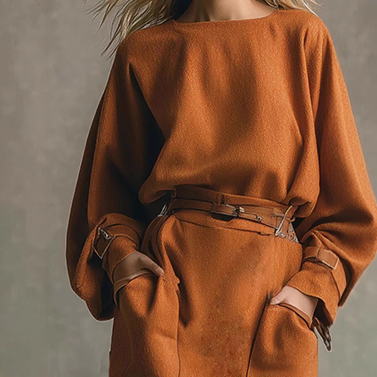 Women's Loose Crewneck Long-Sleeve Top and Pocket Midi Skirt Set