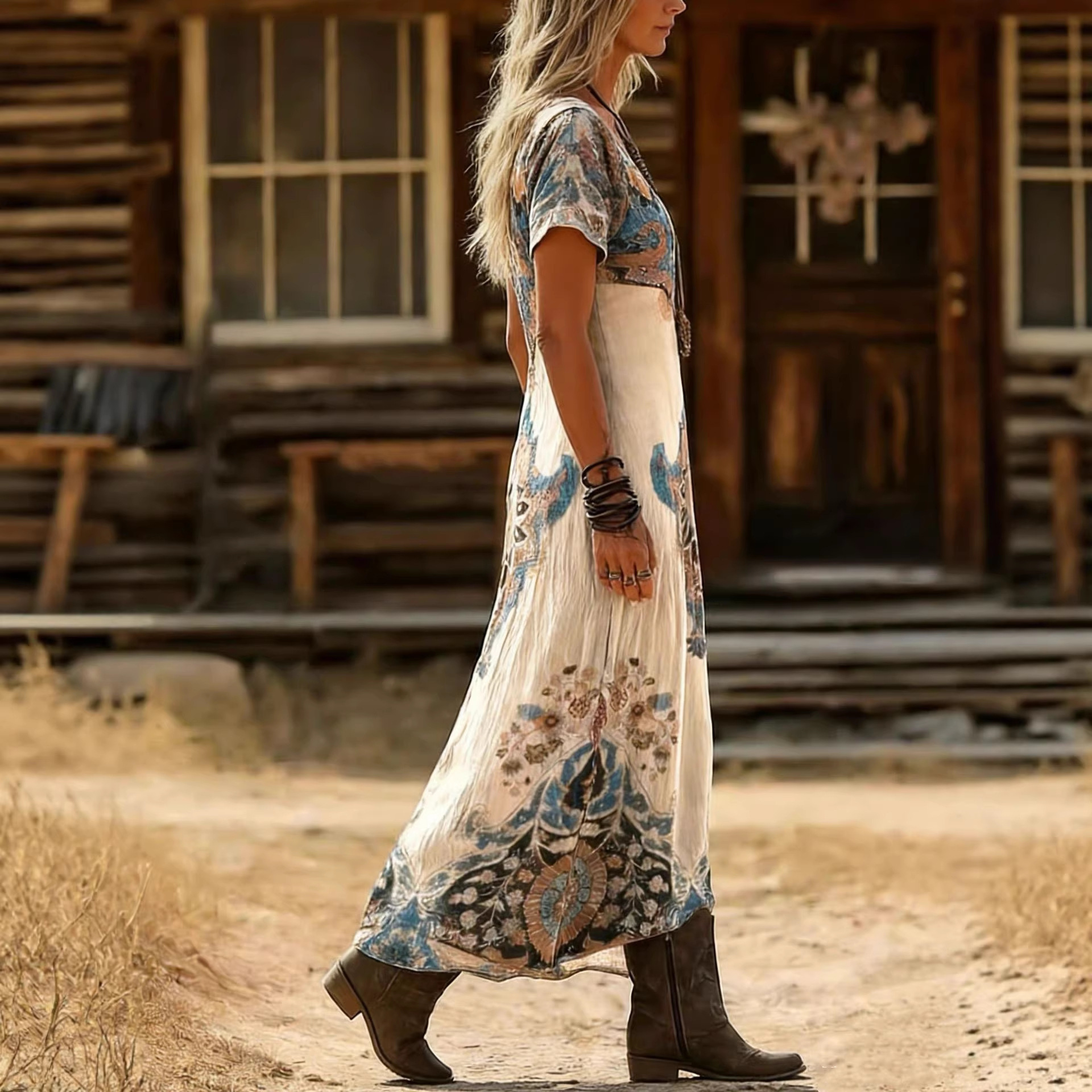 Retro Floral Print V-Neck Short Sleeve Dress