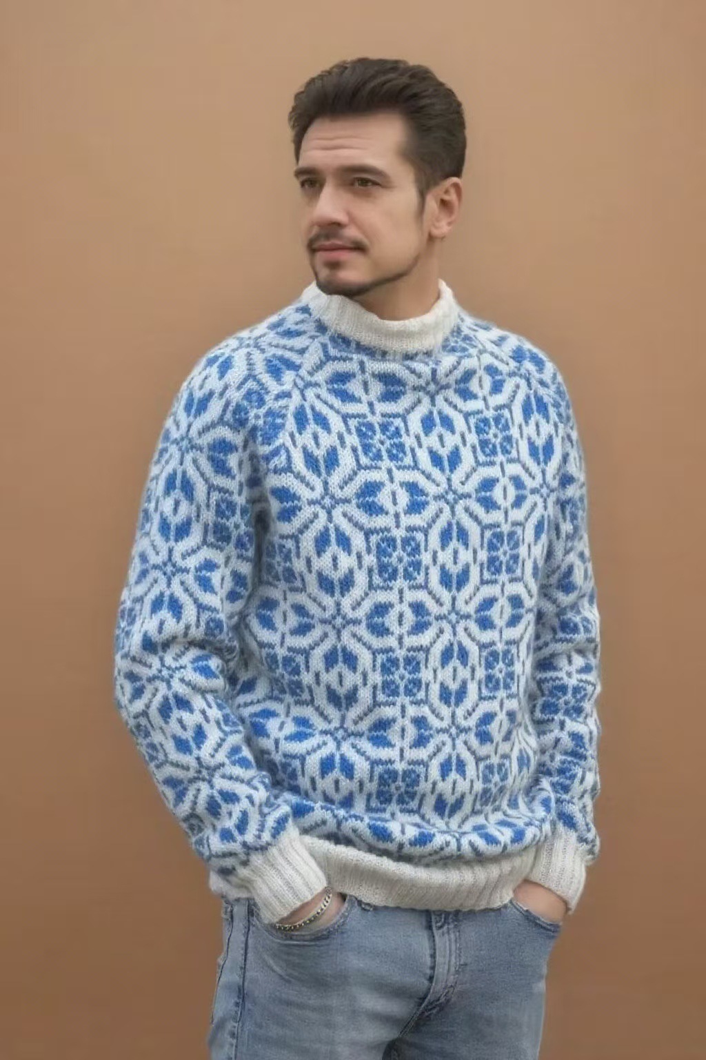 Retro Floral Jacquard Crewneck Pullover Sweater