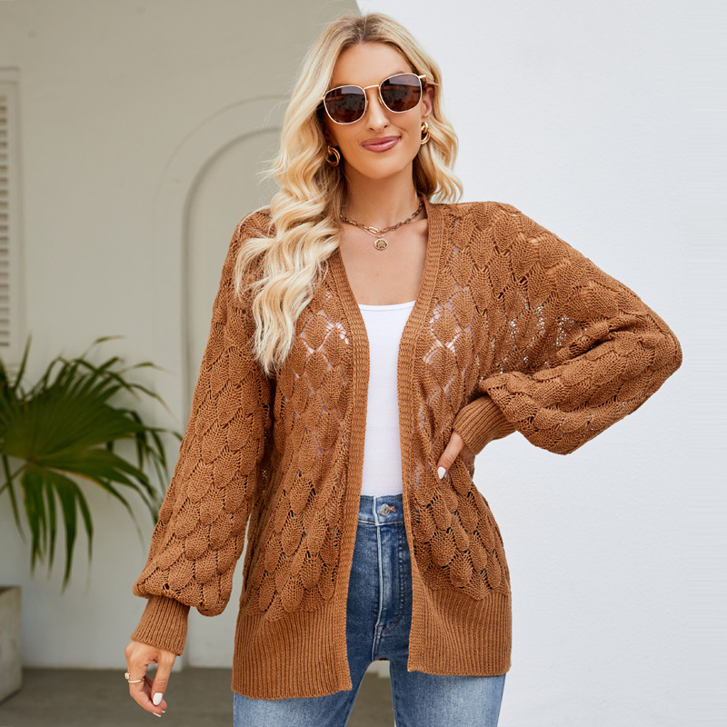 Women's V-Neck Openwork Long Sleeve Knit Cardigan Loose Fit
