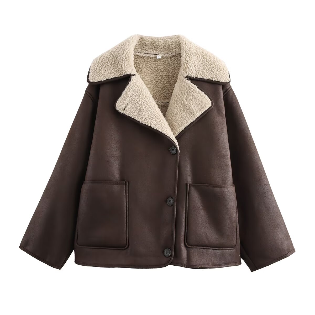 Women's Faux Fur & PU Color-Block Lapel Collar Long Sleeve Jacket Coat