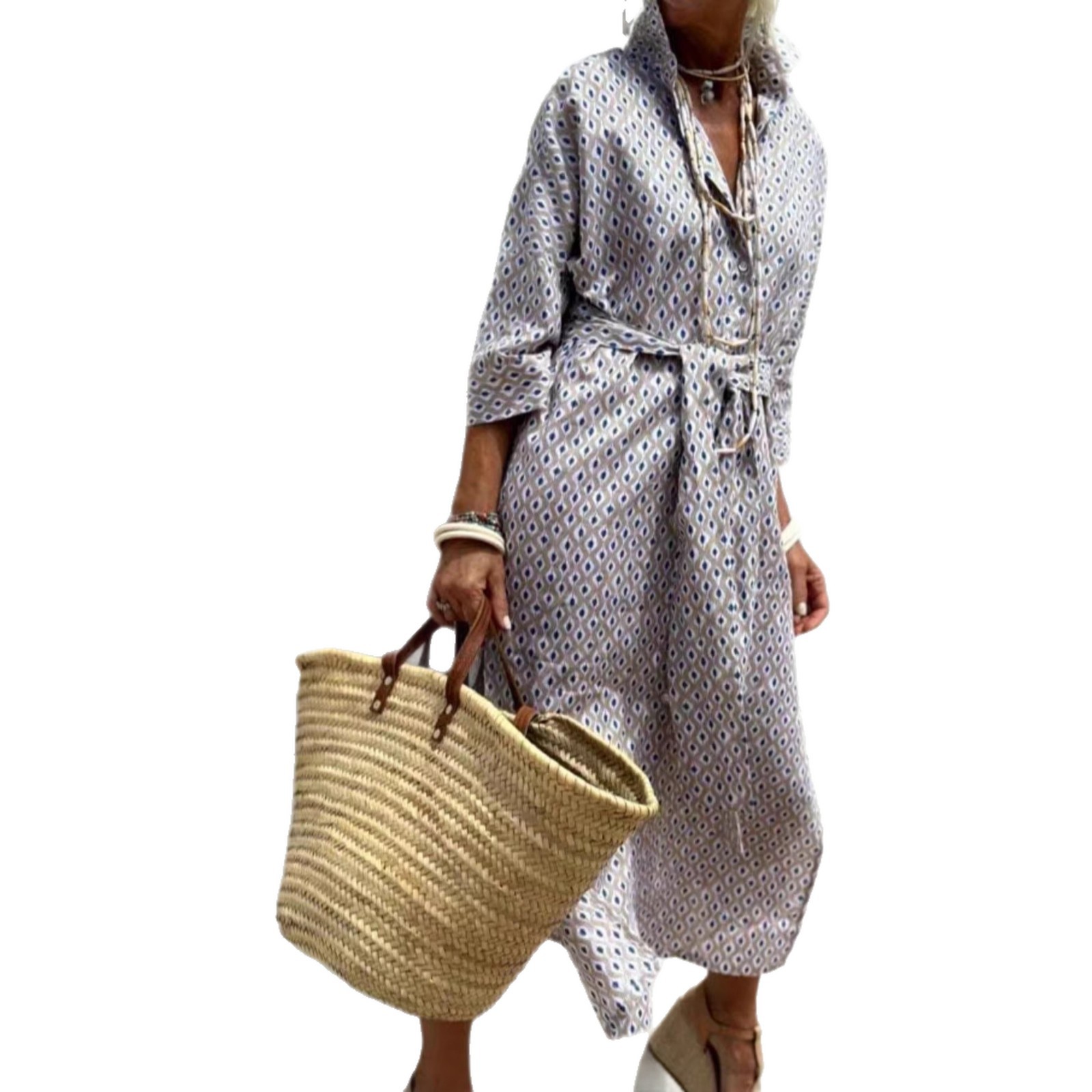 Women's Striped Button-Front Shirt Dress with Collar and Short Sleeves
