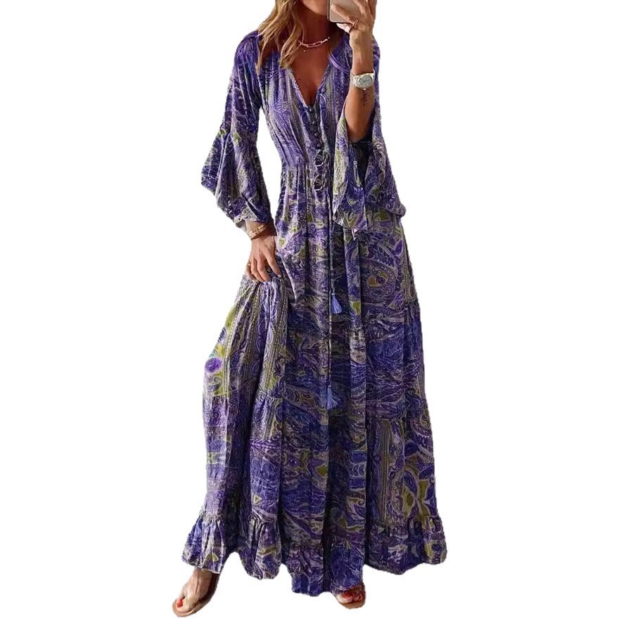 Bohemian Floral Print V-Neck High-Waist Flare-Sleeve Maxi Dress