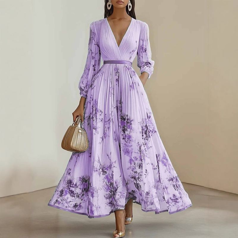 Elegant Floral Print V-Neck Waist-Cinching French Dress