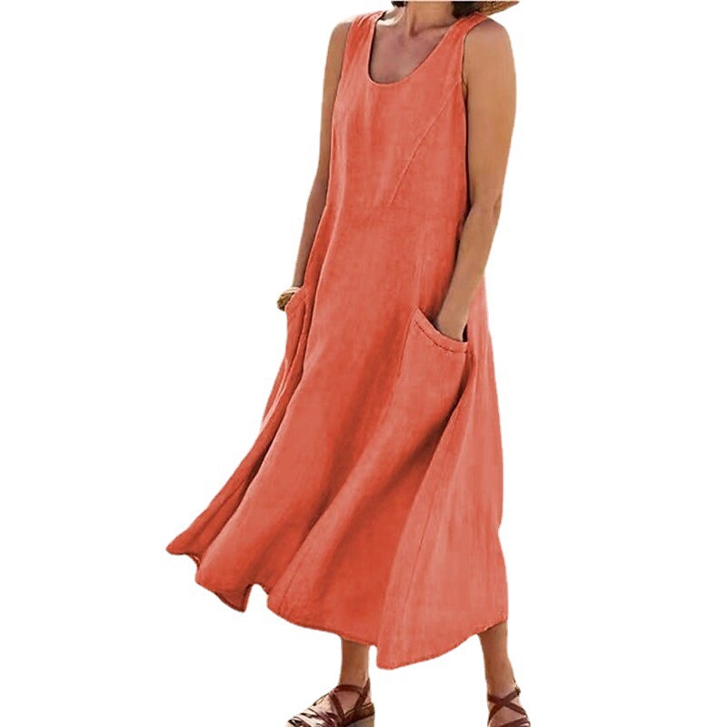 Women's Sleeveless Cotton Linen A-Line Dress with Pockets