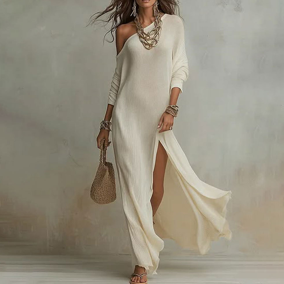 Women's Summer French Casual Slim Fit Solid One-Shoulder Slit Dress