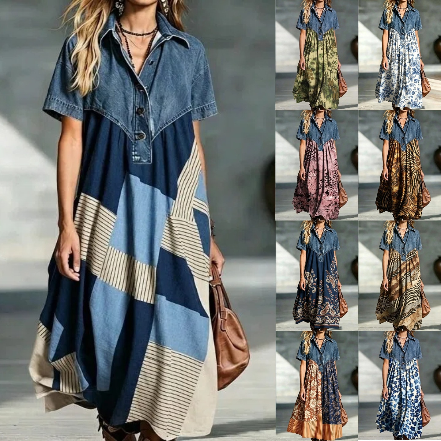 Retro Denim Patchwork Print Loose Casual Dress