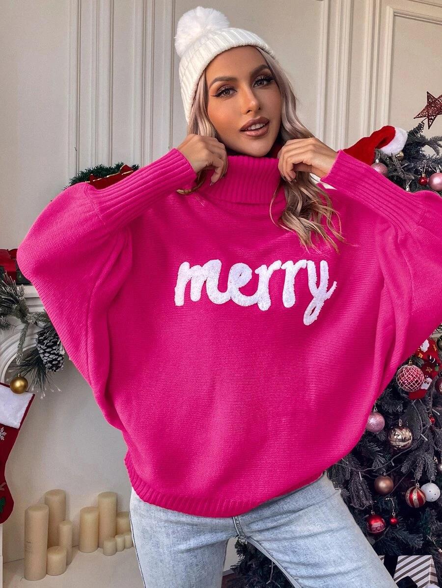 Women's Christmas Turtleneck Sweater with Batwing Sleeves