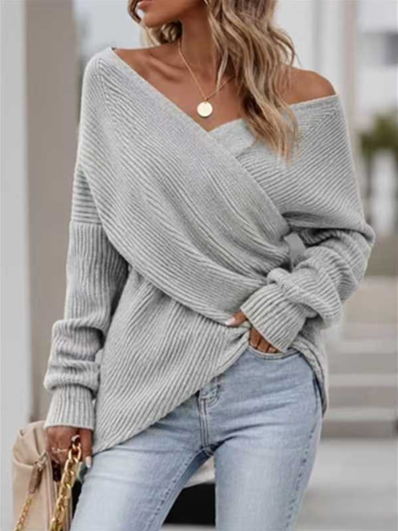 Women's Solid Cross V-Neck Knit Sweater Long Sleeve