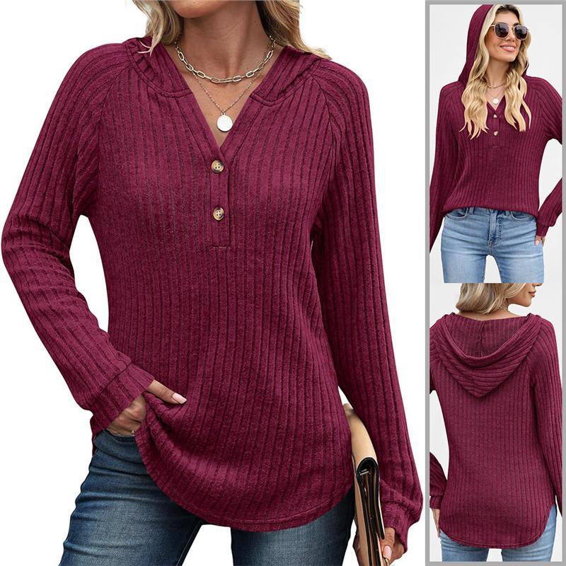 Women's Solid V-Neck Button Loose Hooded Fleece Knit Top