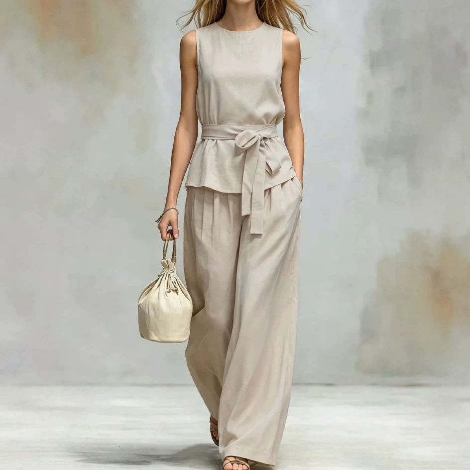 Women's Sleeveless Top and Belted Pants Two-Piece Set