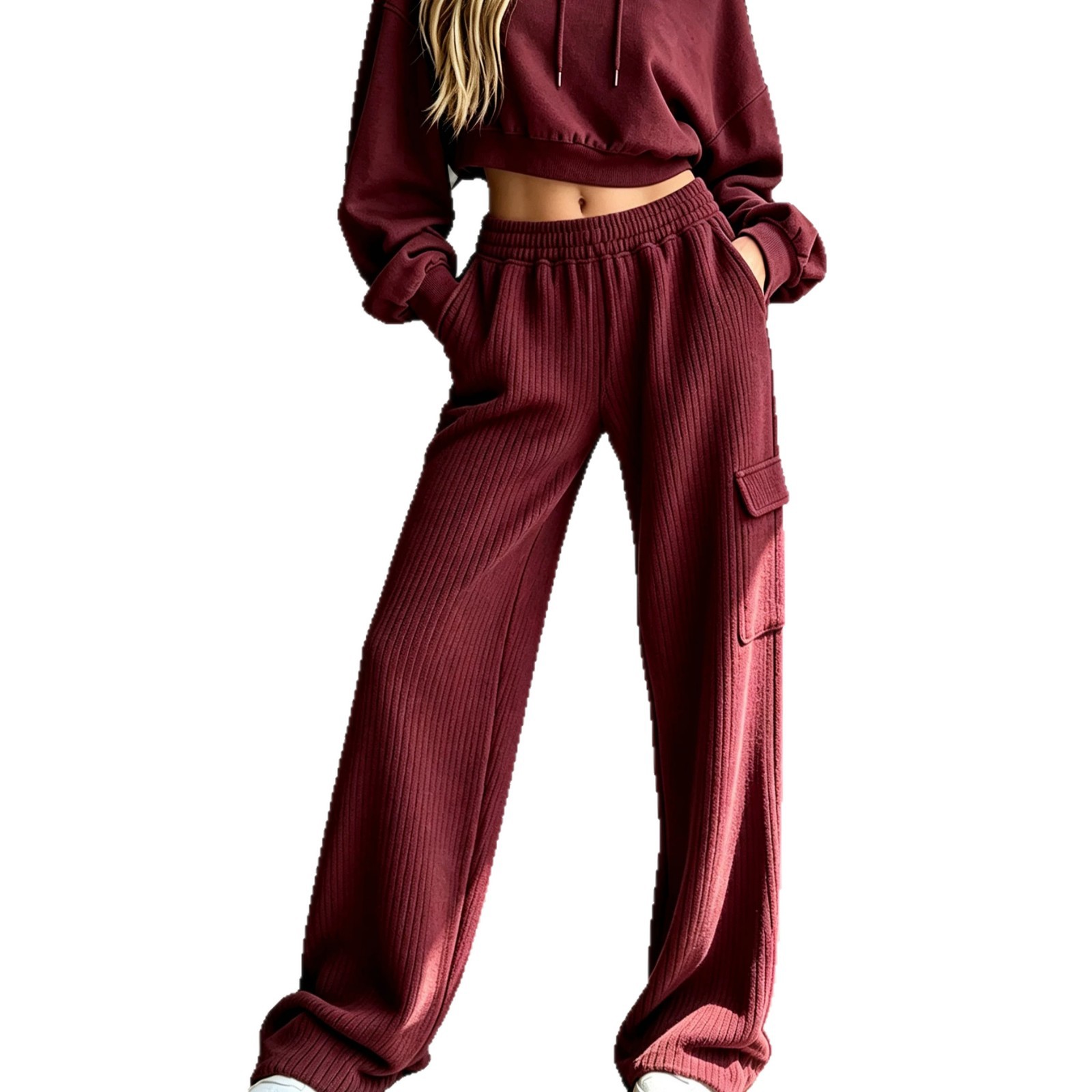 Vertical Ribbed Wide-Leg Cargo Sweatpants High Waist Drawstring