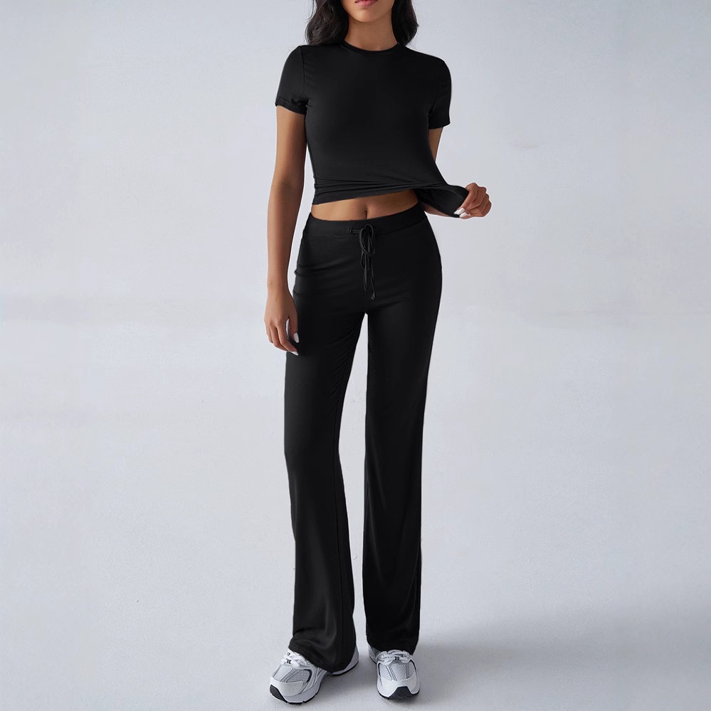 Women's Solid Color Crewneck Short Sleeve Top and Long Pants Casual Set