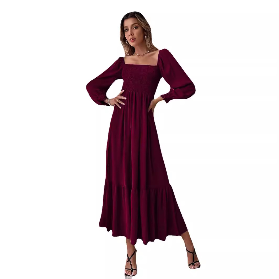 Square Neck Ruffle Long Sleeve High Waist Bodycon Dress