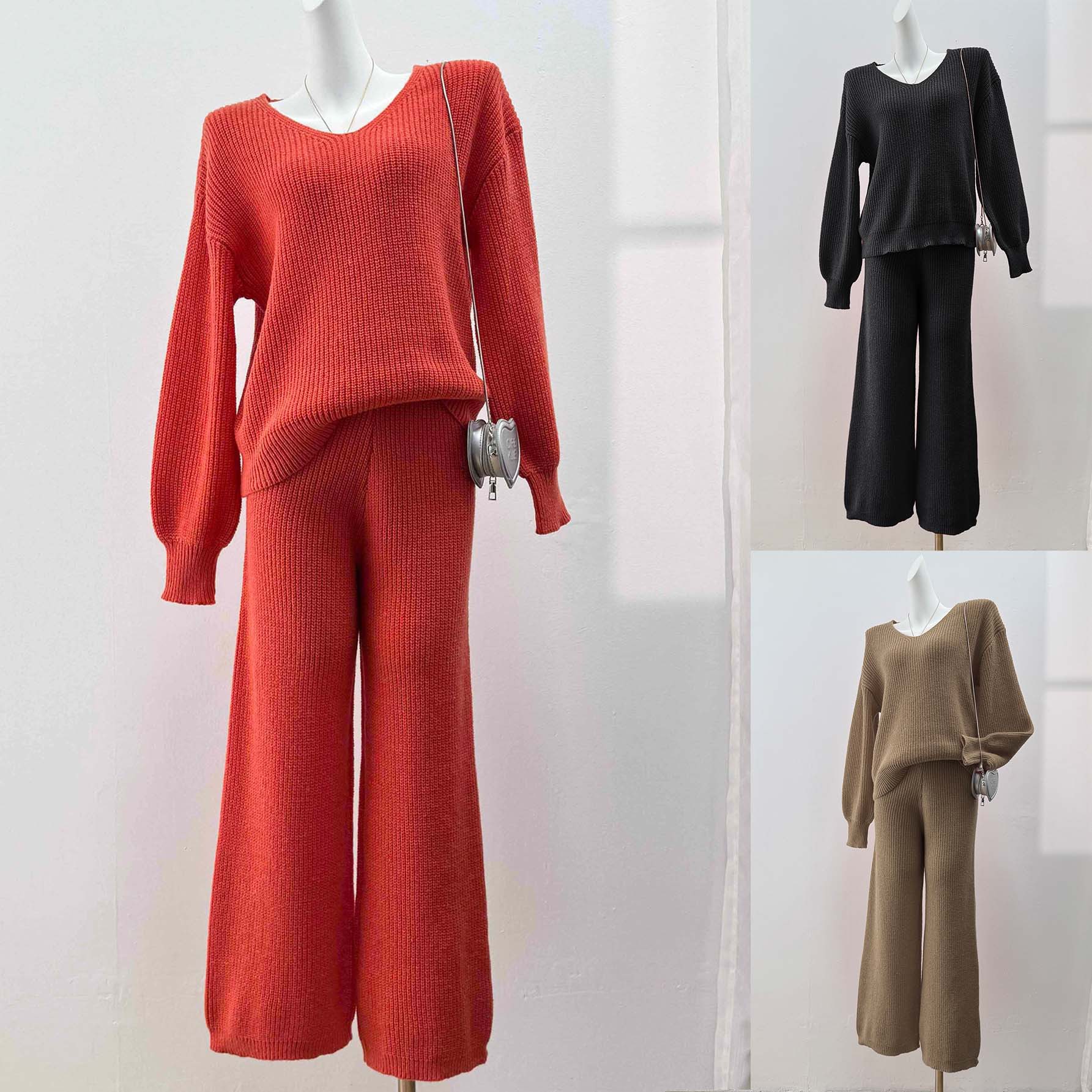 Women's V-Neck Loose Knit Top & Wide-Leg Pants Two-Piece Sweater Set