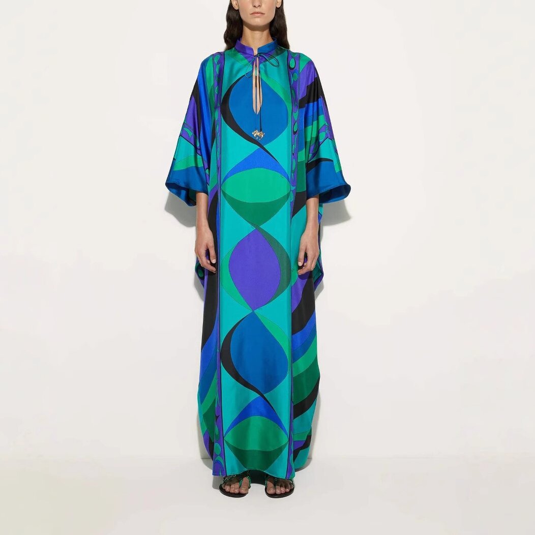 Women's Round Neck Tie-Front Printed A-Line Midi Dress