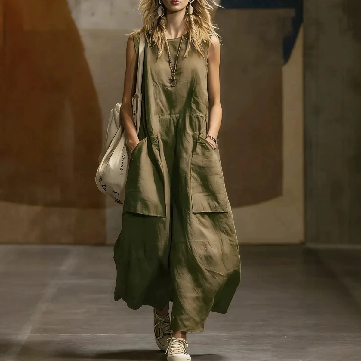 Women's Loose Sleeveless Cotton Linen Dress with 3D Pockets