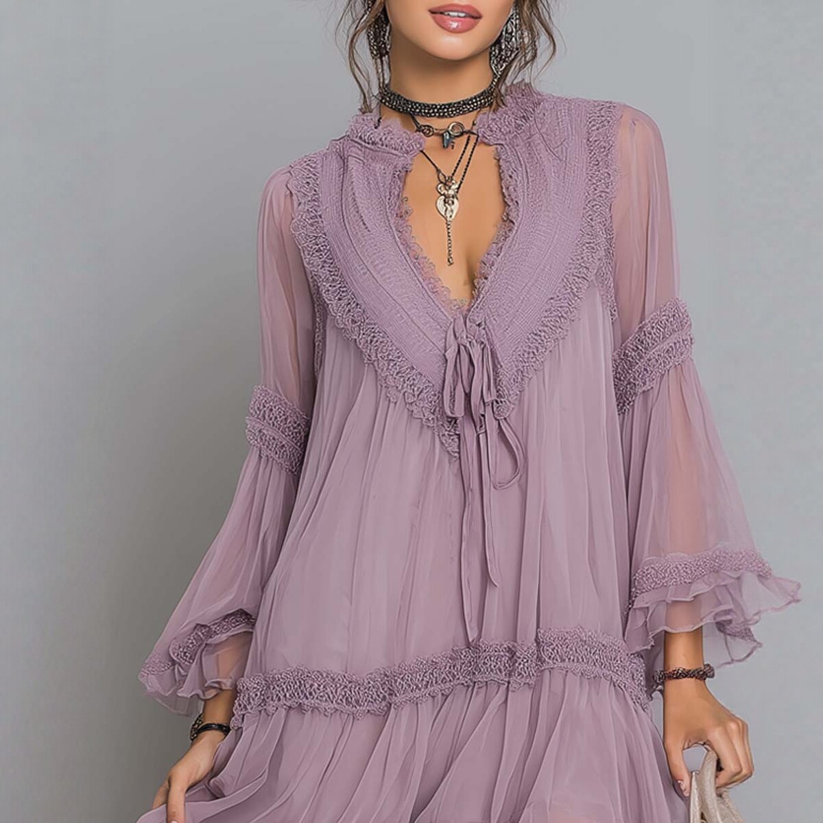 Purple Tie-Front Ruffle Chiffon Dress