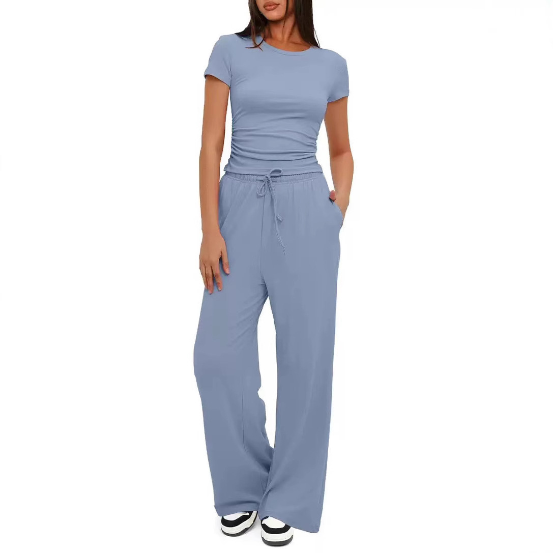 Women's Two-Piece Casual Set Ruched Short Sleeve Top Wide-Leg Pants
