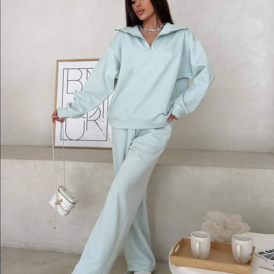 Women's Long Sleeve Stand Collar Zip Tracksuit Casual 2-Piece Set