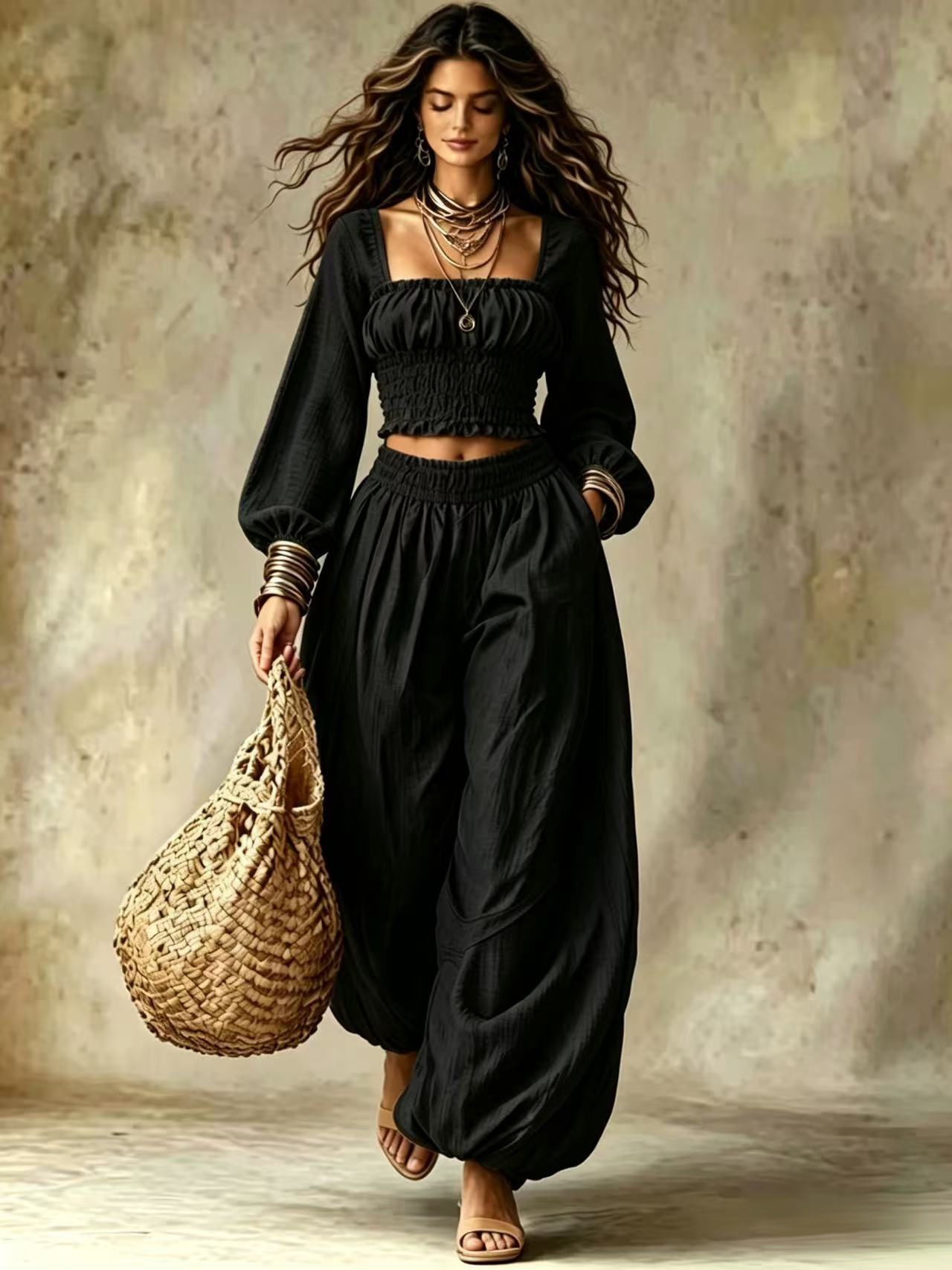 Boho Square Neck Long Sleeve Top & Wide Leg Pants Set