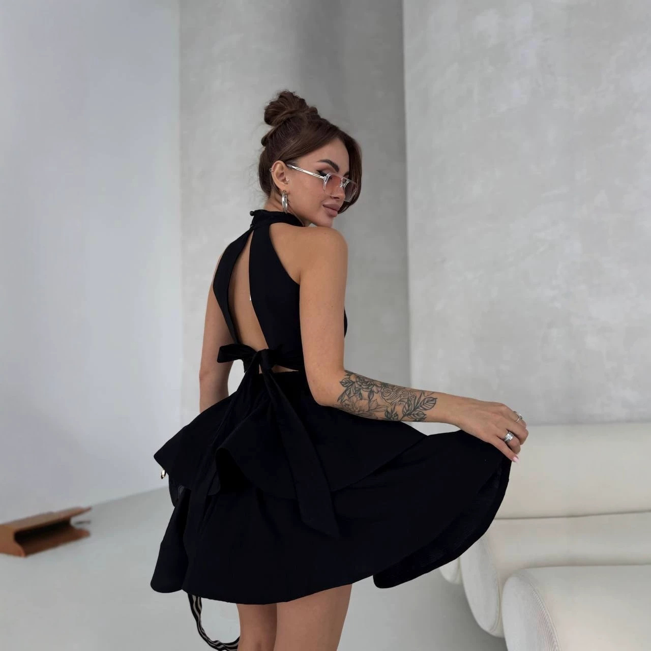 Sleeveless Lace-Up Backless Cami and Tiered Mini Skirt Two-Piece Set