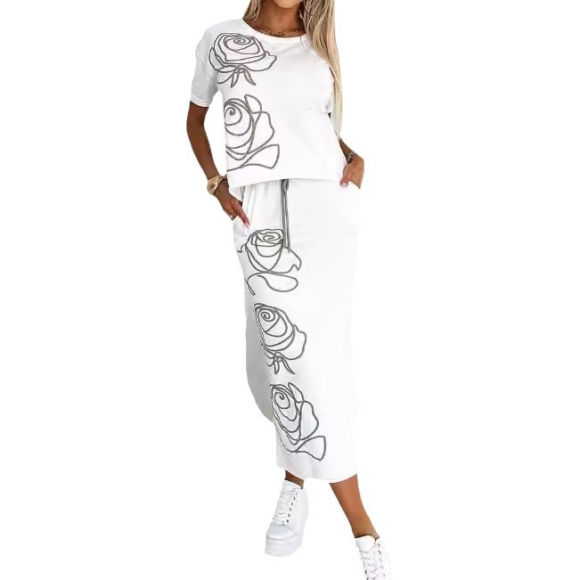 Women's Printed Two-Piece Skirt Set Casual Midi Dress