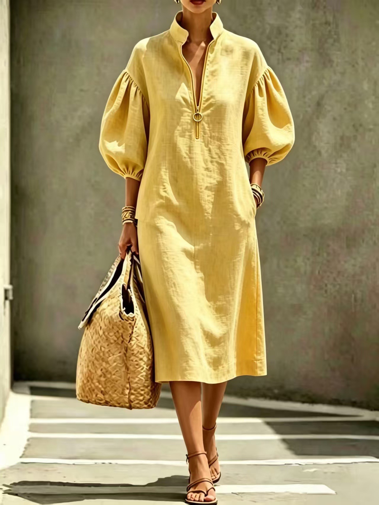 Women's Solid Color Loose Round Neck Zip Bubble Sleeve Dress