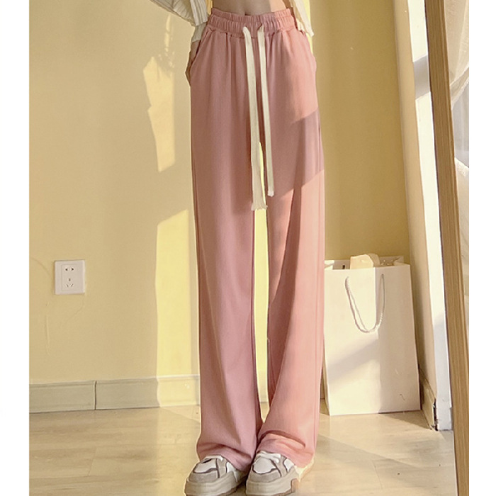 Women's High-Waist Wide-Leg Pants Ice Silk Thin Draped Straight Casual