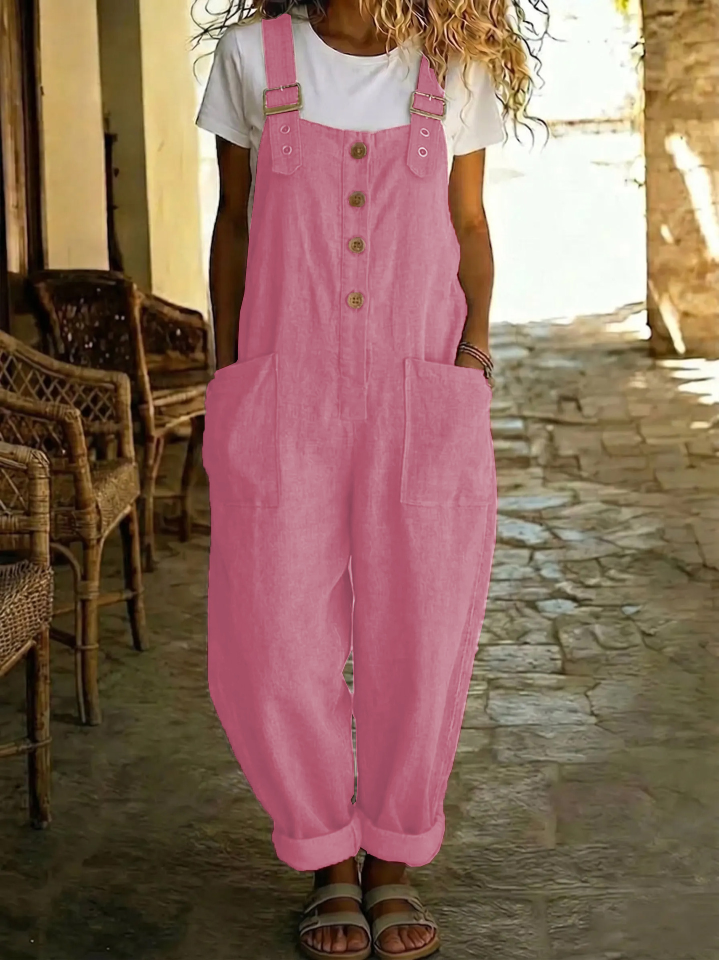 Women's Cotton-Linen Solid Color Vintage Straight-Leg Overalls with Pockets