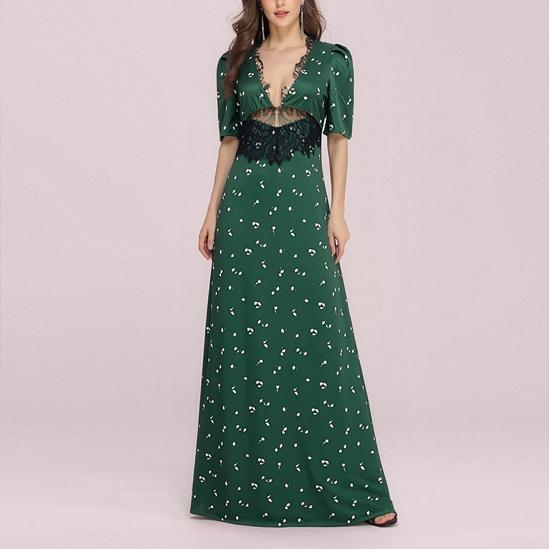 Women's Slim Fit Lace Trim Printed Dress