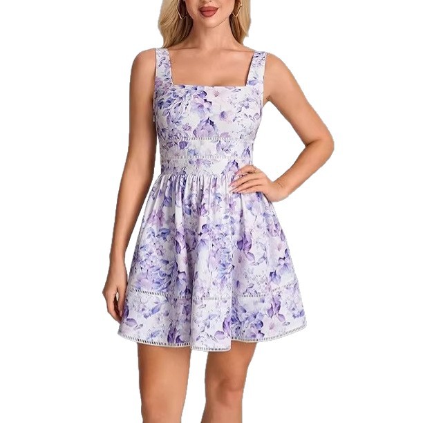 Women's Floral Square Neck Lace A-Line Mini Dress Sleeveless