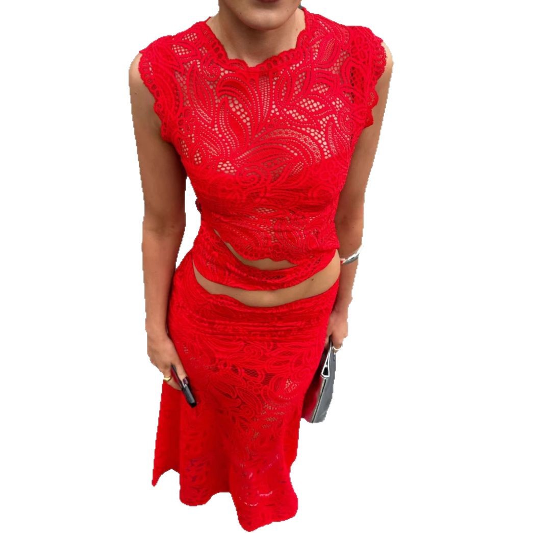 Red Sleeveless Lace Crop Top and Mermaid Skirt Set