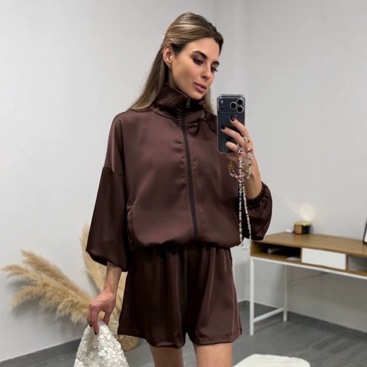 Retro Faux Leather Two-Piece Set: Cropped Zip Jacket & High-Waist Wide-Leg Shorts