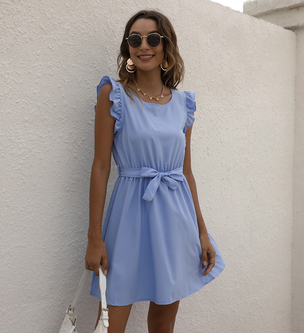 Women's Summer Solid Color Round Neck Tie-Waist Dress