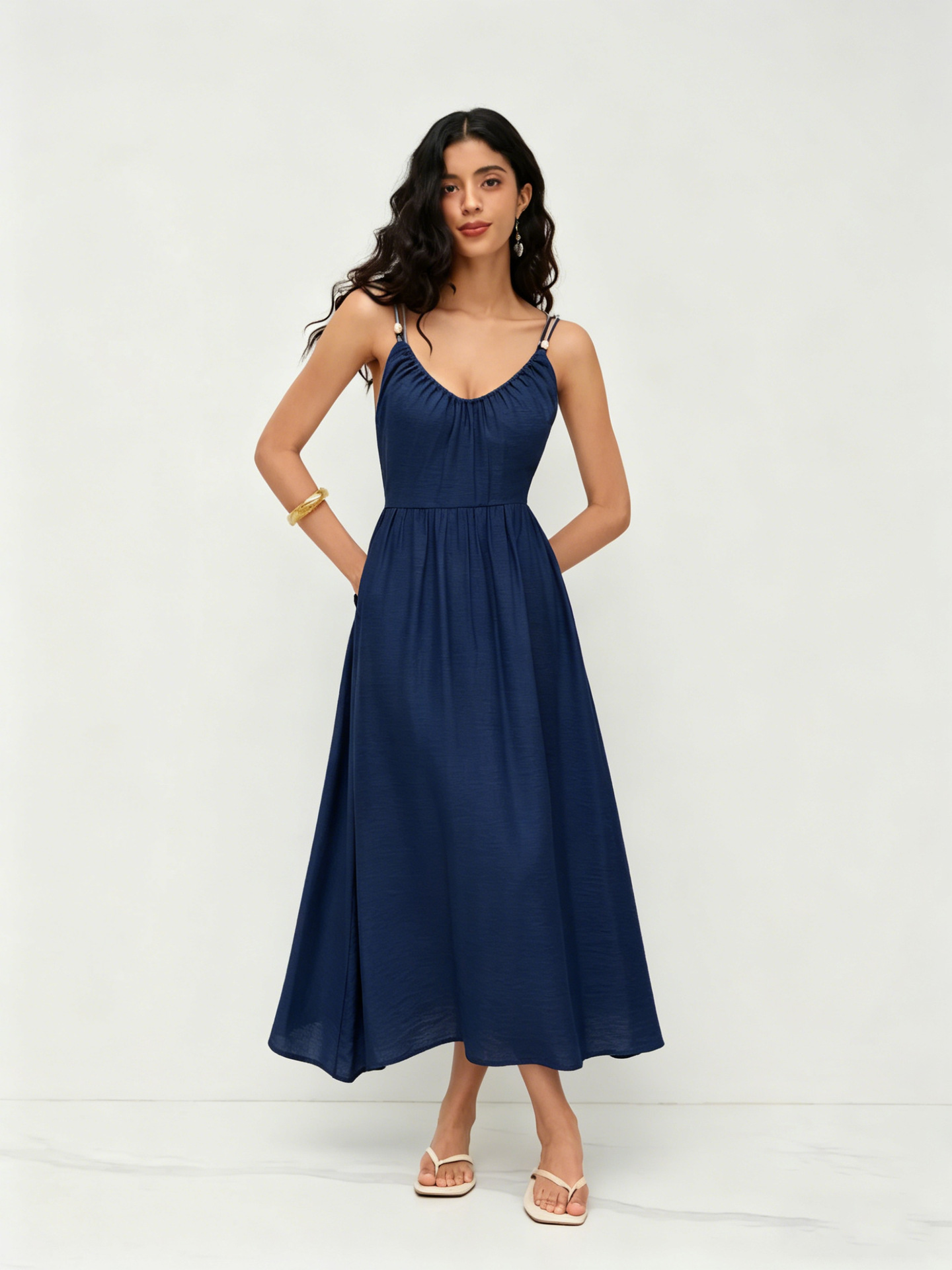 Women's Open Back V-Neck Maxi Dress Sleeveless High Waist Flowy Summer Casual