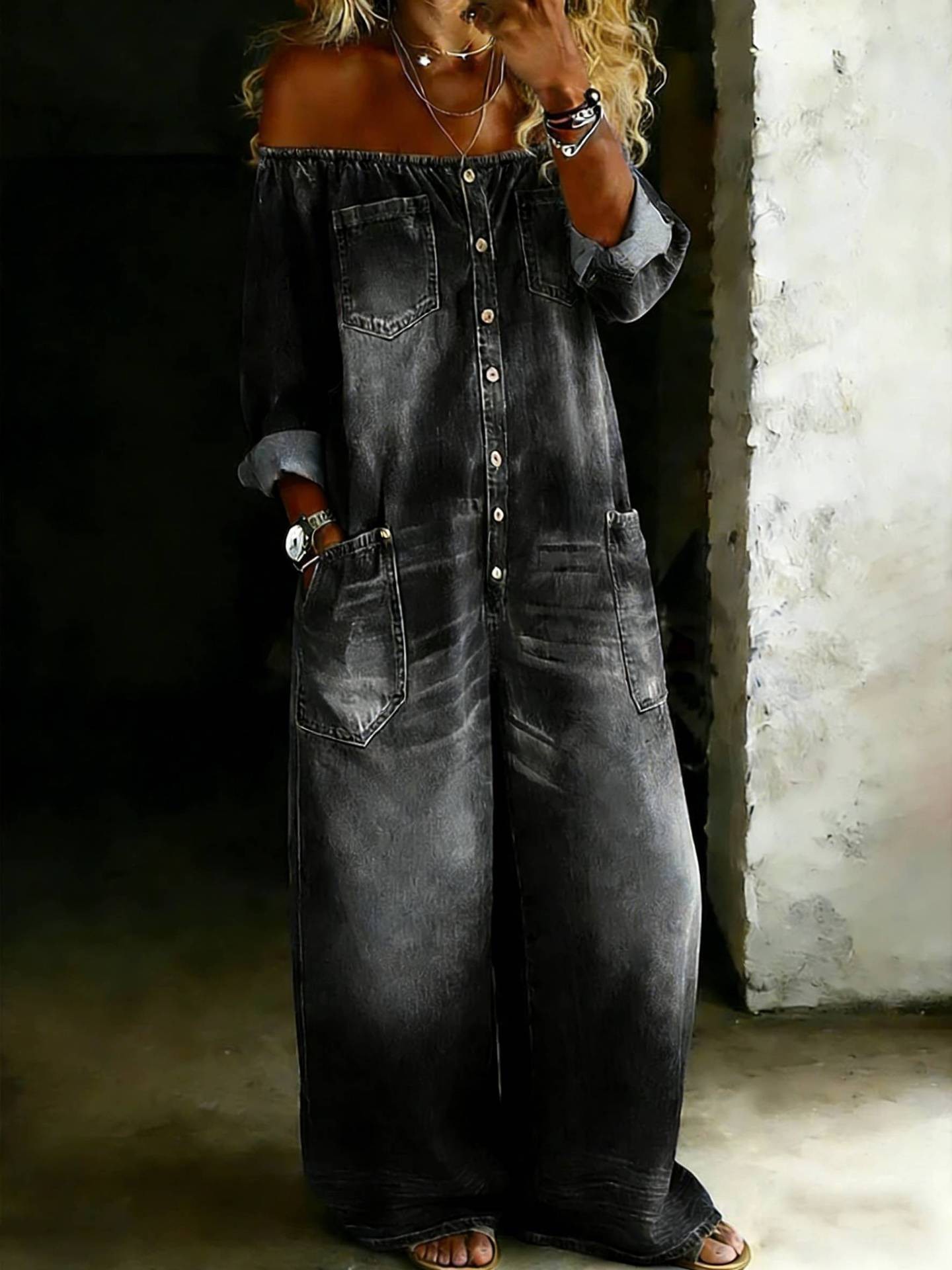 Women's Off-Shoulder Faux Denim Jumpsuit Single-Breasted