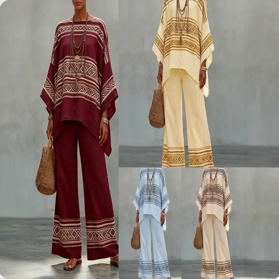 Bohemian Print Batwing Sleeve Two-Piece Set