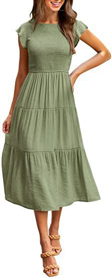 Women's Flutter Sleeve Ruched Tiered Short Sleeve Swing Dress