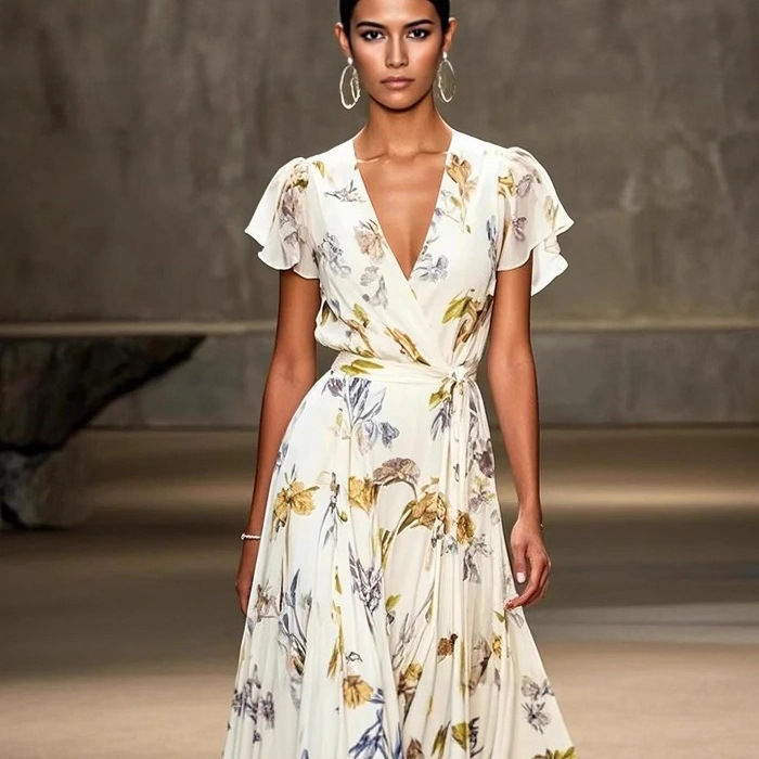 V-Neck Short Sleeve Printed Midi Dress